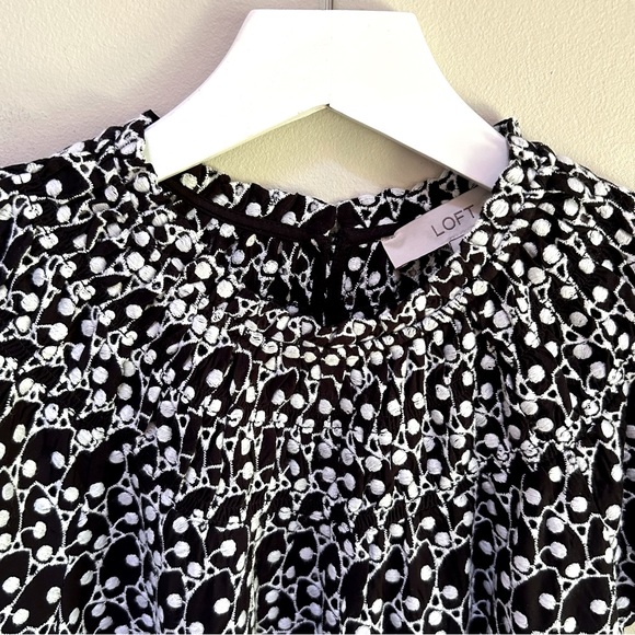 Loft ~ Embroidered Eyelet High Ruffle Neck Smocked Short Sleeve Top in Medium - Picture 5 of 13